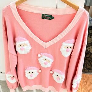 LUBOT Pink & White Santa Christmas V-Neck Sweater XXL